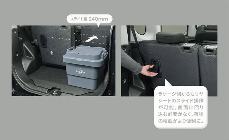 リヤシート左右分割ロングスライド（240mm/ラゲージ側スライドレバー付）：ラゲージ側からもリヤシートのスライド操作が可能。側面に回り込む必要がなく、荷物の積載がより便利に。